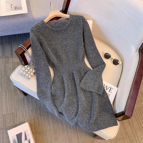 Load image into Gallery viewer, Autumn Winter Black Grey Elegant Round Neck High Waist Dress Women New Pink Long Sleeved Knitted Short Dress 2024 Korean Simple
