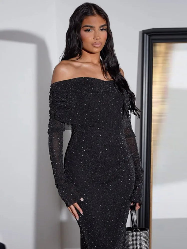 Glitter Off-shoulder Sexy Maxi Dress For Women Gown Black Strapless Long Sleeve Bodycon Club Party Sparkle Long Dress