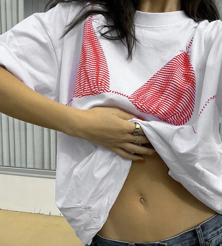 Casual Underwear Pattern Printed Short Sleeve T-shirts Women White Loose Round Neck Top Tees Summer All Match Clothes