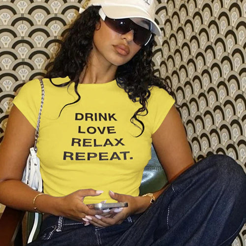 Load image into Gallery viewer, Classic Fashion Woman T-Shirt Belly Button Letter Print Pleats Unique Design Regular Casual Summer Fit Streets Mini Top
