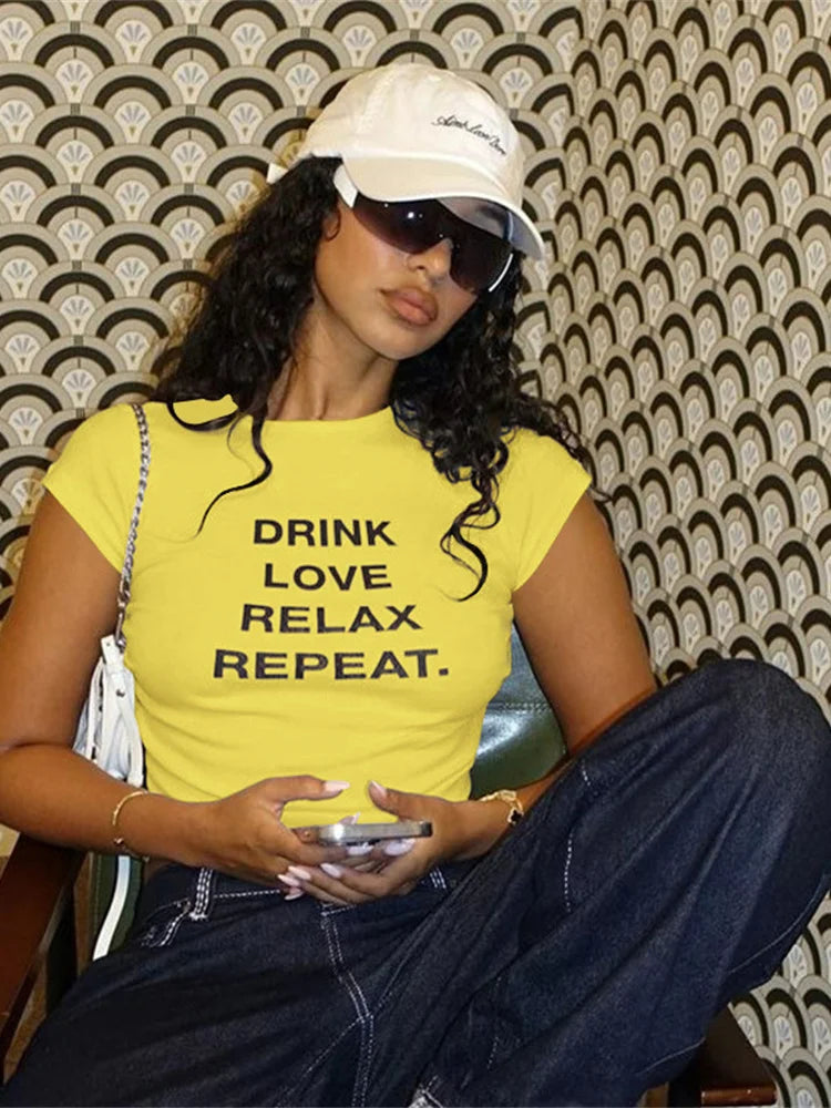 Classic Fashion Woman T-Shirt Belly Button Letter Print Pleats Unique Design Regular Casual Summer Fit Streets Mini Top