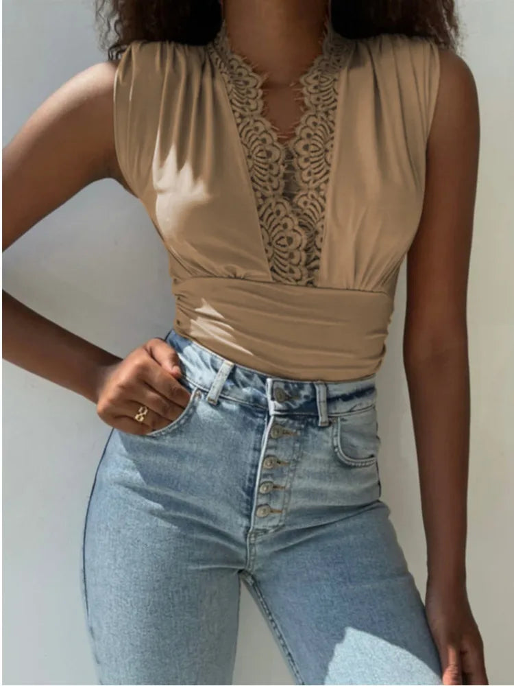 Spring/Summer Sleeveless Lace Edge Deep V Elastic Tight Bodysuit Women Slim Fit Female Bodypsuit Bodycon 2024 New