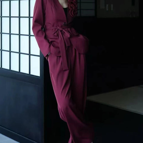 Load image into Gallery viewer, Elegant Two Piece Sets for Women V Neck Long Sleeves Spliced 3D Flower Blazer High Waist Wide Leg Pant Set Female
