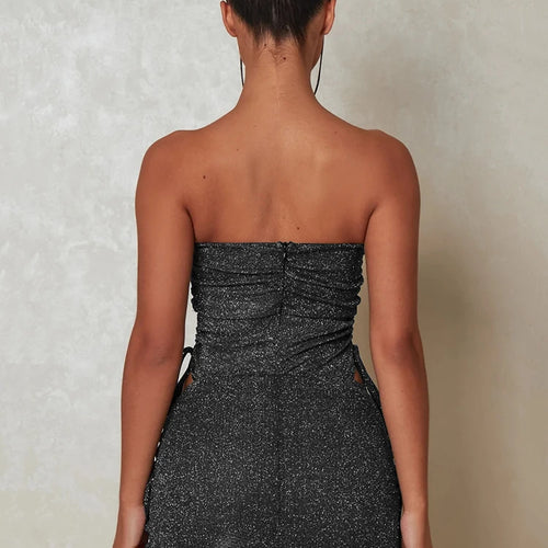 Load image into Gallery viewer, Glitter Sexy Dress Set Women Strapless Bodysuit And Mini Skirt Matching Sets Ladies Party Drawstring Two Piece Sets
