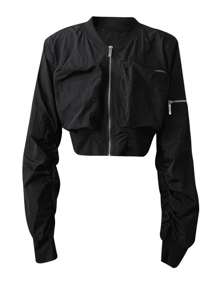 White Pocket Pocket Zipper Short Jacket New Stand Collar Long Sleeve Women Coat Fashion Tide Spring Autumn 2025 CPG3011