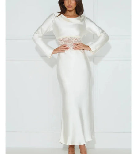 Elegant Long Sleeved Satin Lace Patchwork Dress Women Slim Fit Lace Style Party Club Evening Dress Female 2024 New