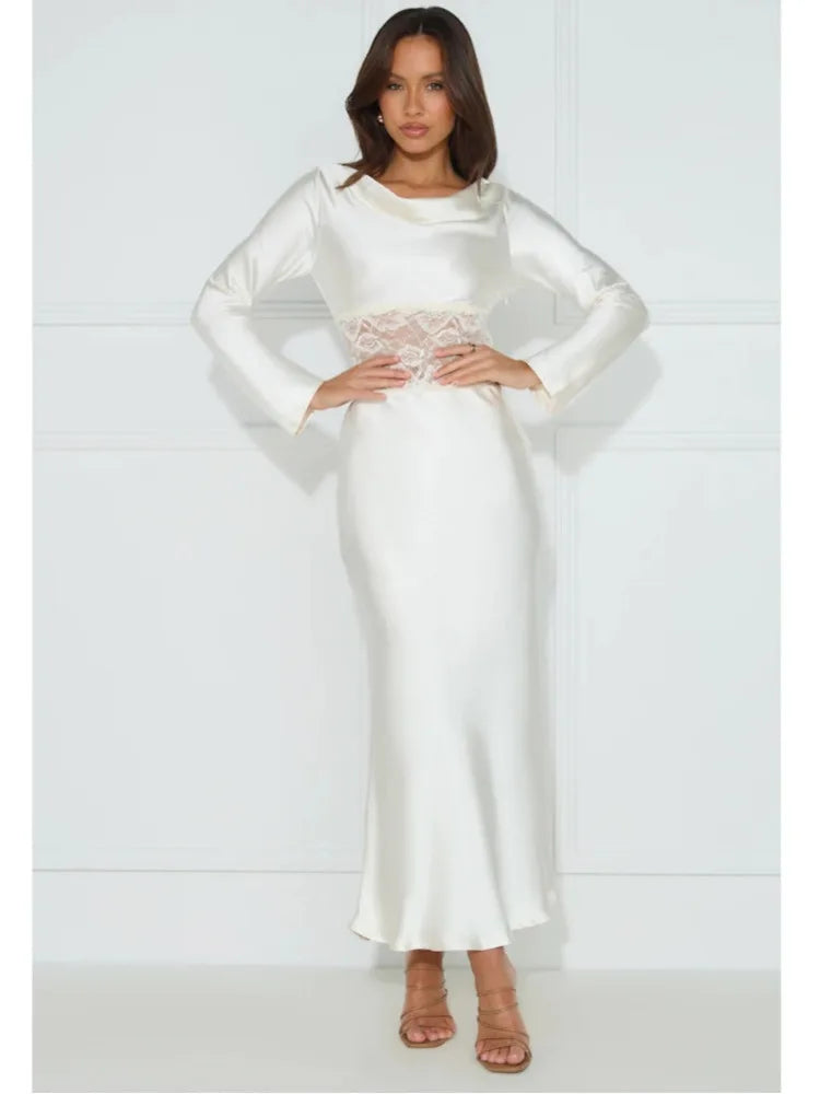 Elegant Long Sleeved Satin Lace Patchwork Dress Women Slim Fit Lace Style Party Club Evening Dress Female 2024 New