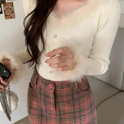 Load image into Gallery viewer, Fur Patchwork V-neck Long Sleeve Short Knitwear Tops 2023 Autumn Winter New Bottoming Women Pullover Knitted Sweaters C-278
