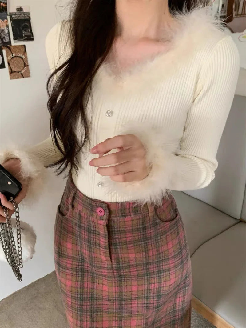 Fur Patchwork V-neck Long Sleeve Short Knitwear Tops 2023 Autumn Winter New Bottoming Women Pullover Knitted Sweaters C-278