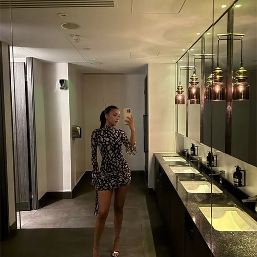 Load image into Gallery viewer, Summer Mesh Beach Sexy Mini Dress Women Robe Fashion Long Sleeve Draped Ruched Slim Print Vacation Club Dress Elegant
