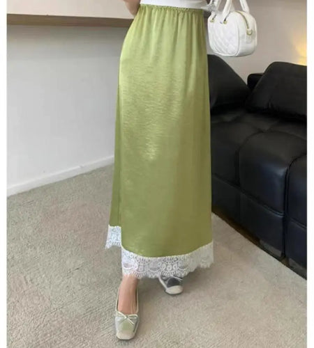 Spring Summer Women Patchwork Lace Elegant Long Skirt Korean Version High Waist Temperament Vacation Pleated Half Skirt Clothing