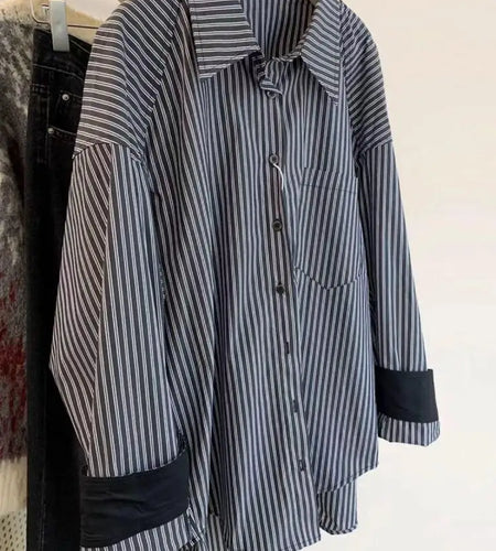 Autumn Vintage Gray Striped Patchwork Single Breasted Shirt Women Casual Loose Long Sleeve Fashion Blouses Tops Streetwear Trend
