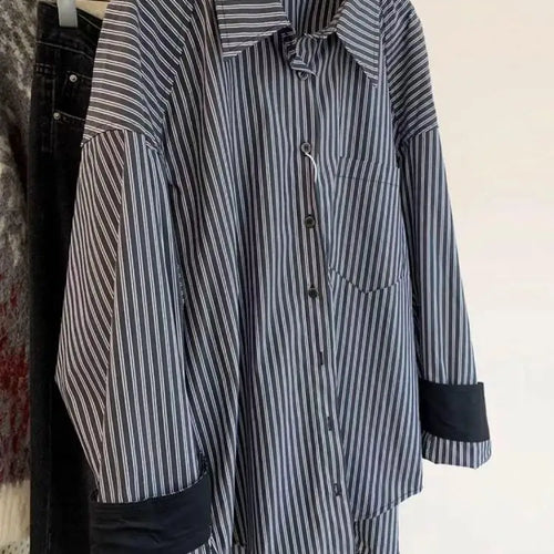 Load image into Gallery viewer, Autumn Vintage Gray Striped Patchwork Single Breasted Shirt Women Casual Loose Long Sleeve Fashion Blouses Tops Streetwear Trend
