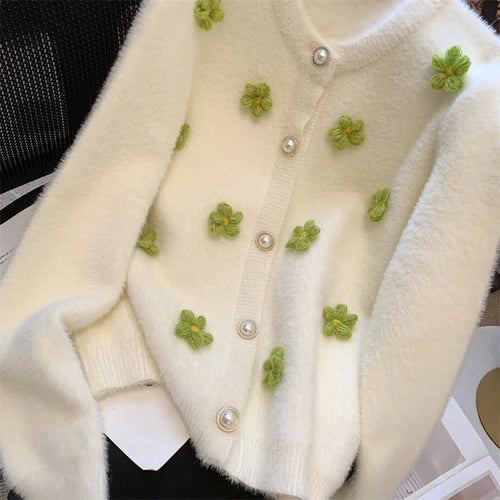 Load image into Gallery viewer, Sweet Women Purple Green Flower Decoration Knitted Single Breasted Cardigan Sweater Long Sleeve Loose O-neck Autumn Winter Tops
