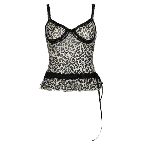 Load image into Gallery viewer, Vintage Fashion Y2K Mesh Top Leopard Lace Spliced Ruffles Transparent Sexy Camisole Tops Summer Women Clubwear Ruched

