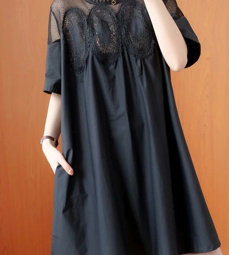 Women Black Lace Meh Perspective Big Size Mini Dress New Round Neck Short Sleeve Fashion Tide Spring Summer 2025 1DJ0336