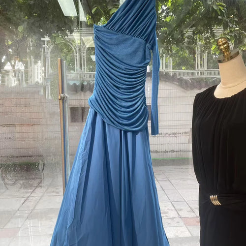 Load image into Gallery viewer, Solid Spliced Folds Irregular Dresses for Women Diagonal Collar One Shoulder High Waist Long Dress Female Clothing
