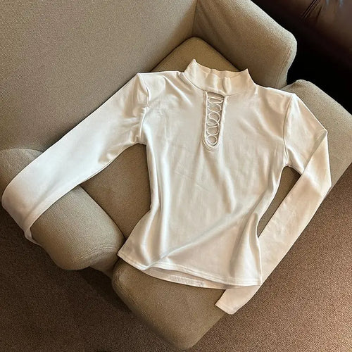 Load image into Gallery viewer, Autumn Winter Elegant Half High Collar Hollow Out Short T Shirt Women New Long Sleeved Slim Tops 2024 Korean Simplicity Clothing
