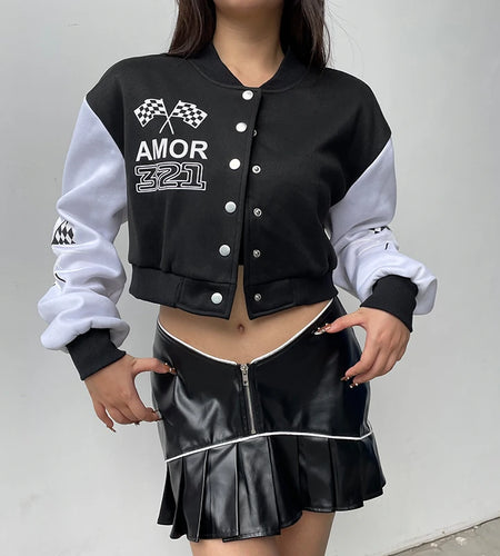 Moto Print Baseball Jacket Fleece Autumn Winter Coat Cropped Buttons Korean Varsity Jacket Women Outwear Contrast