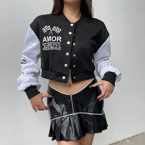 Load image into Gallery viewer, Moto Print Baseball Jacket Fleece Autumn Winter Coat Cropped Buttons Korean Varsity Jacket Women Outwear Contrast
