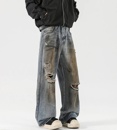 Men's Jeans Washed Distressed Trendy Straight Wide Leg Worn-out Tide New American Style High Street Male Denim Pants 9W2022