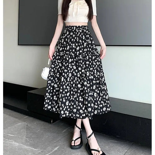 Load image into Gallery viewer, Spring Summer Women Black Beige Floral Elegant Pleated Long Skirts Vintage Elastic High Waist Vacation A-line Skirt Bohemian New
