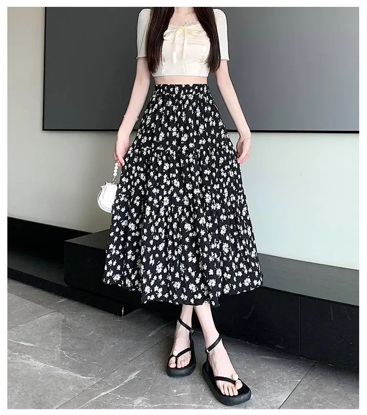 Spring Summer Women Black Beige Floral Elegant Pleated Long Skirts Vintage Elastic High Waist Vacation A-line Skirt Bohemian New