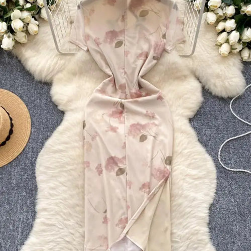 Load image into Gallery viewer, Women New Chinese Style Vintage Beige Print Elegant Long Dress 2024 Summer Fashion Hollow Out Slim Short Sleeve Sexy Party Dress
