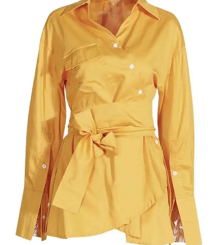 Women White Irregular Bandage Slit Shirt Dress New V-Neck Long Sleeve Loose Fit Fashion Tide Spring Autumn 2025 1DE9884