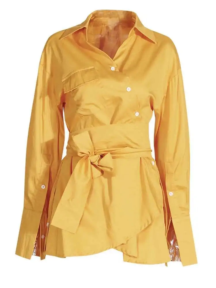 Women White Irregular Bandage Slit Shirt Dress New V-Neck Long Sleeve Loose Fit Fashion Tide Spring Autumn 2025 1DE9884