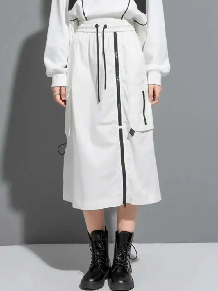 High Elastic Waist Black Zipper Long Spliced Long Casual Half-body Skirt Women Fashion Tide New Spring Autumn 2025 1DF1656