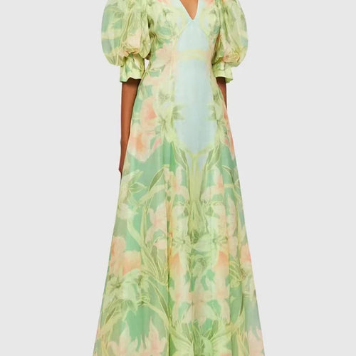 Load image into Gallery viewer, Green Printing Dresses For Women V Neck Short Puff Sleeve High Waist Summer Folds Long Dress Female Fashion Clothing 2023
