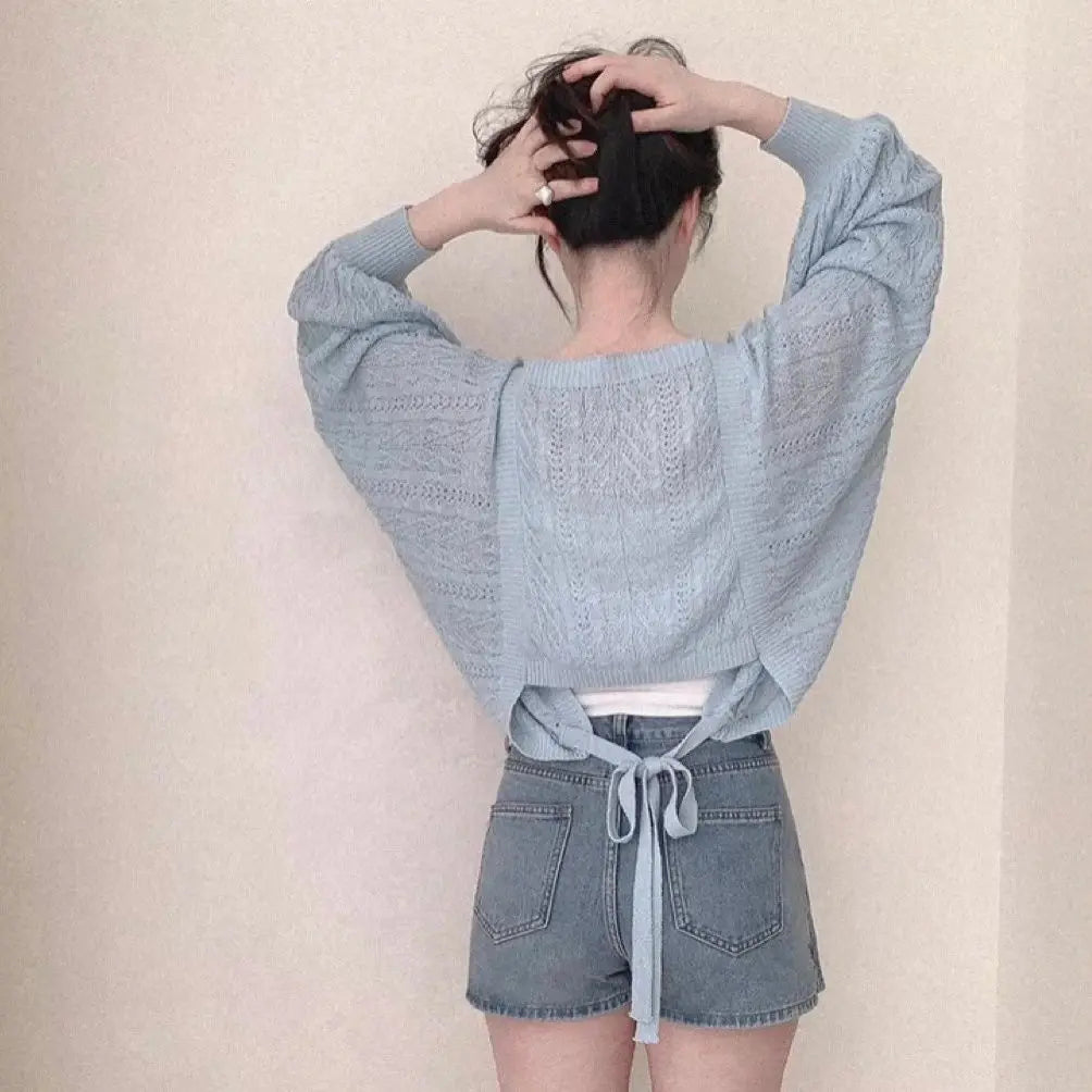 2025 Grunge Summer New Twist Office Women Cardigan Hollow Out Y2k Aesthetic Loose Knitted  Harajuku Casual Bandage Tops