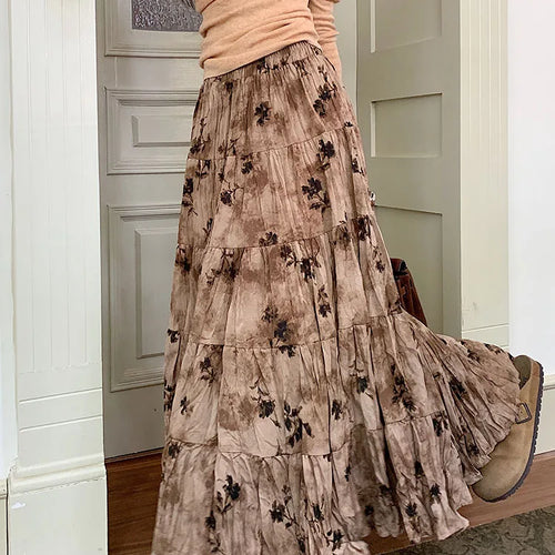 Load image into Gallery viewer, Korean Women Purple Print Vacation Skirt Fashion Spring Summer Vintage Brown High Waist Elegant Festival Pleated Skirt New Trend
