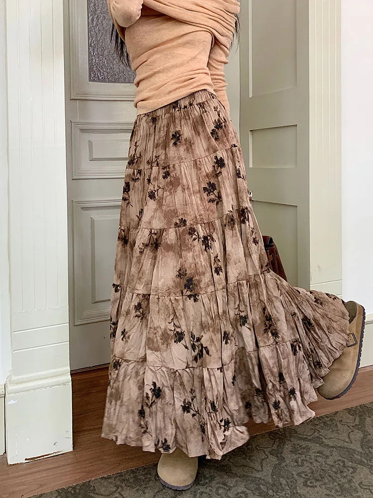 Korean Women Purple Print Vacation Skirt Fashion Spring Summer Vintage Brown High Waist Elegant Festival Pleated Skirt New Trend