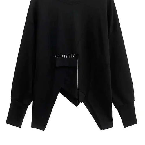 Load image into Gallery viewer, Black Topstitched Irregular Hem Sweatshirt New Round Neck Long Sleeve Women Big Size Fashion Spring Autumn 2025 1DH7646
