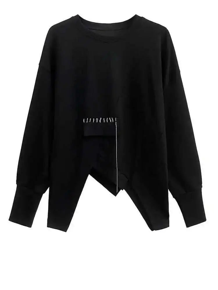 Black Topstitched Irregular Hem Sweatshirt New Round Neck Long Sleeve Women Big Size Fashion Spring Autumn 2025 1DH7646