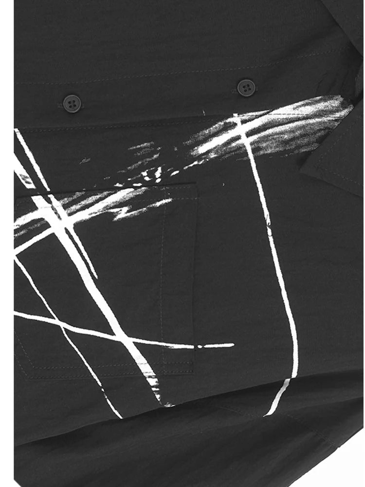 Women Black Irregular Printed Big Size Casual Blouse New Lapel Short Sleeve Shirt Fashion Tide Spring Summer 2025 1DJ1580