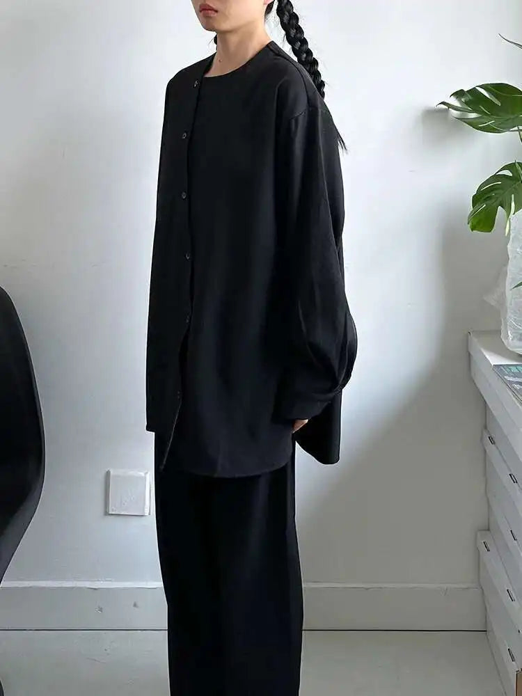 Women Black Irregular Button Elegant Big Size Blouse New Round Neck Long Sleeve Shirt Fashion Spring Autumn 2025 1DH6986