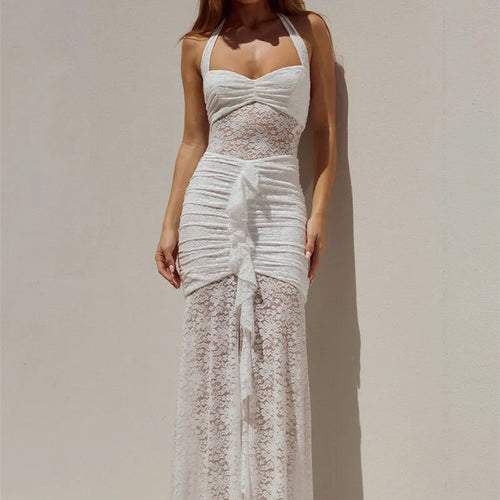 Load image into Gallery viewer, Lace Draped Ruched Sexy Maxi Dress Women Summer Patchwork Halter Sleeveless Backless Bodycon Club Long Dress Elegant
