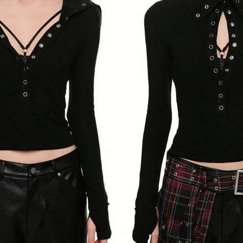 Load image into Gallery viewer, Y2k Aesthetic Vintage Solid Single Breasted Tops 2025 Streetwear Half High Collar Tshirts Women Grunge Harajuku Bodycon Tees
