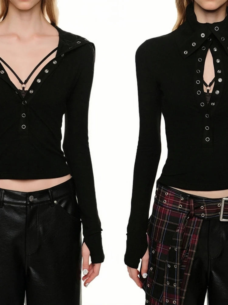 Y2k Aesthetic Vintage Solid Single Breasted Tops 2025 Streetwear Half High Collar Tshirts Women Grunge Harajuku Bodycon Tees