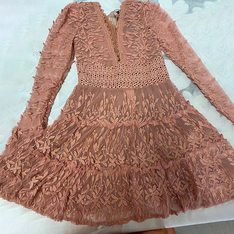 Patchwork Floral Lace Dresses For Women V Neck Long Sleeve High Waist Spliced Ruched Casual Dress Female Clothing