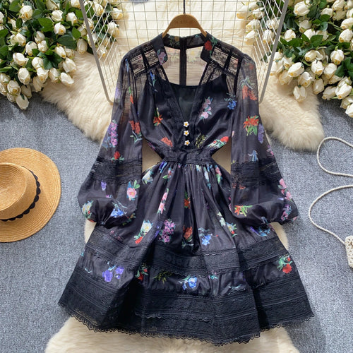 Load image into Gallery viewer, French Retro Women Black White Print Lace Patchwork Elegant Slim Long Sleeve Short Dress And Slip Dresses New Spring Autumn Boho
