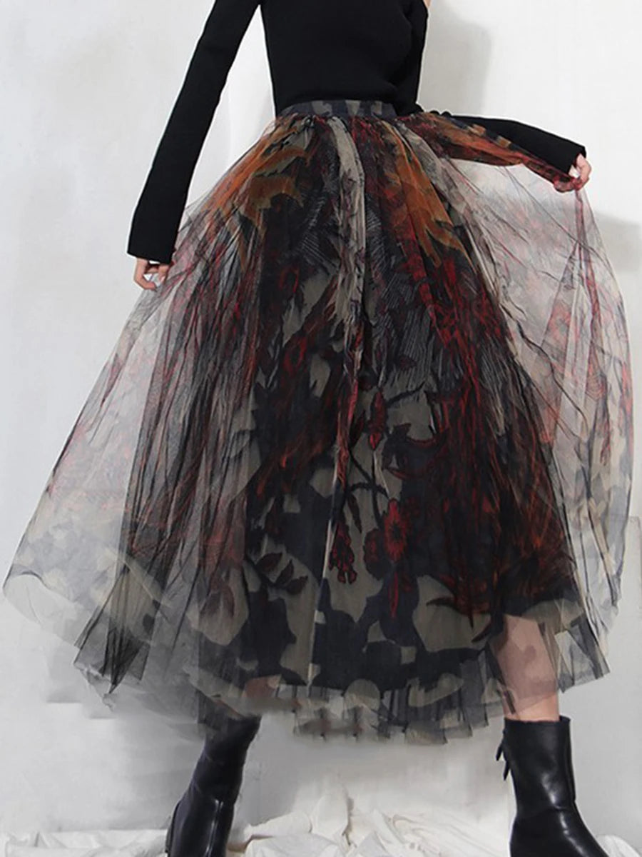 Hit Color Loose Casual Mesh Skirts For Women High Waist Temperament Elegant Skirt Female Fashion Style Fashion New