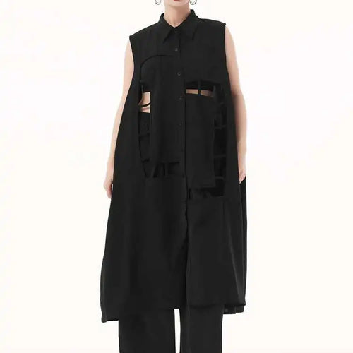 Load image into Gallery viewer, Women Army Green Hollow Out Big Size Midi Casual Dress New Lapel Sleeveless Fashion Tide Spring Summer 2025 1DH9512
