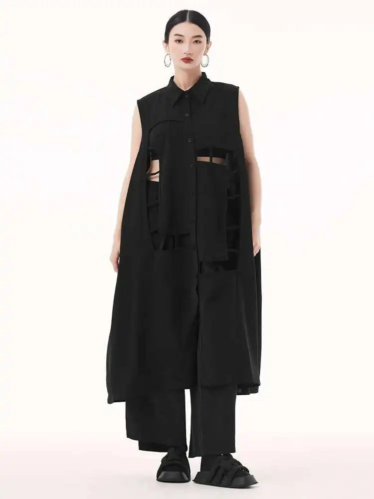 Women Army Green Hollow Out Big Size Midi Casual Dress New Lapel Sleeveless Fashion Tide Spring Summer 2025 1DH9512