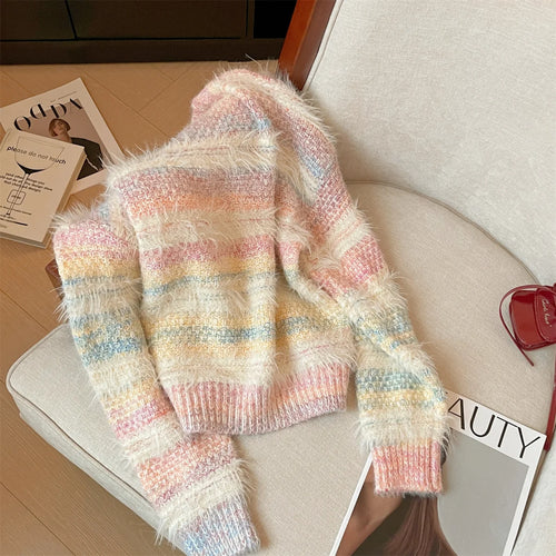 Load image into Gallery viewer, French Retro Fashion Women's Sweet Rainbow Round Neck Long Sleeve Knit Sweater Autumn Winter Vacation Short Pullover Tops Trendy
