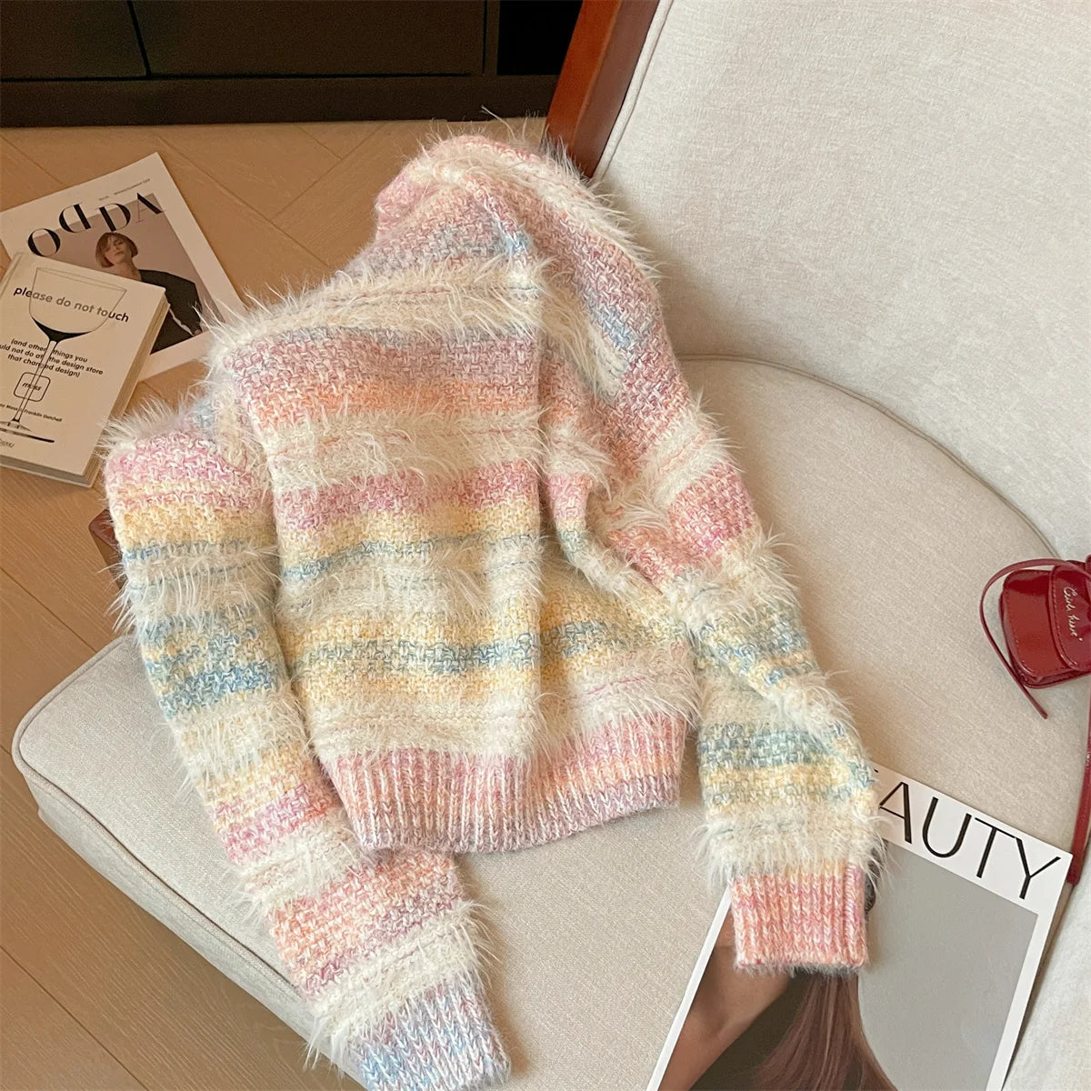 French Retro Fashion Women's Sweet Rainbow Round Neck Long Sleeve Knit Sweater Autumn Winter Vacation Short Pullover Tops Trendy