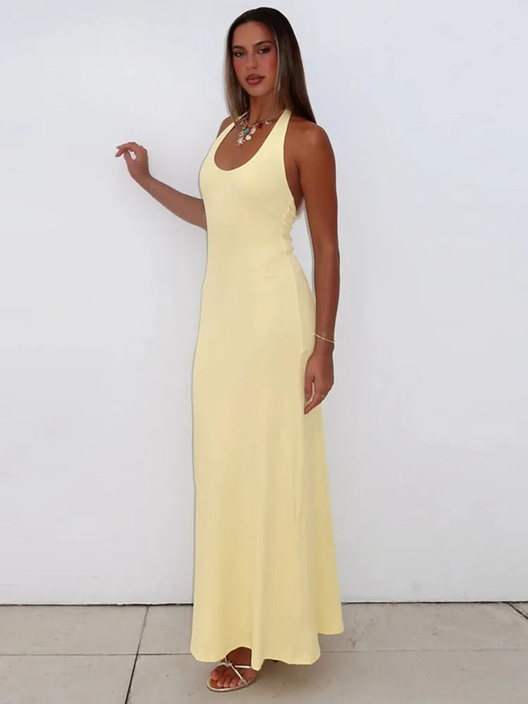 Halter Backless Sexy Maxi Dress Women Gown Summer New Solid U Neck Sleeveless High Waist Long Dress Elegant 2025